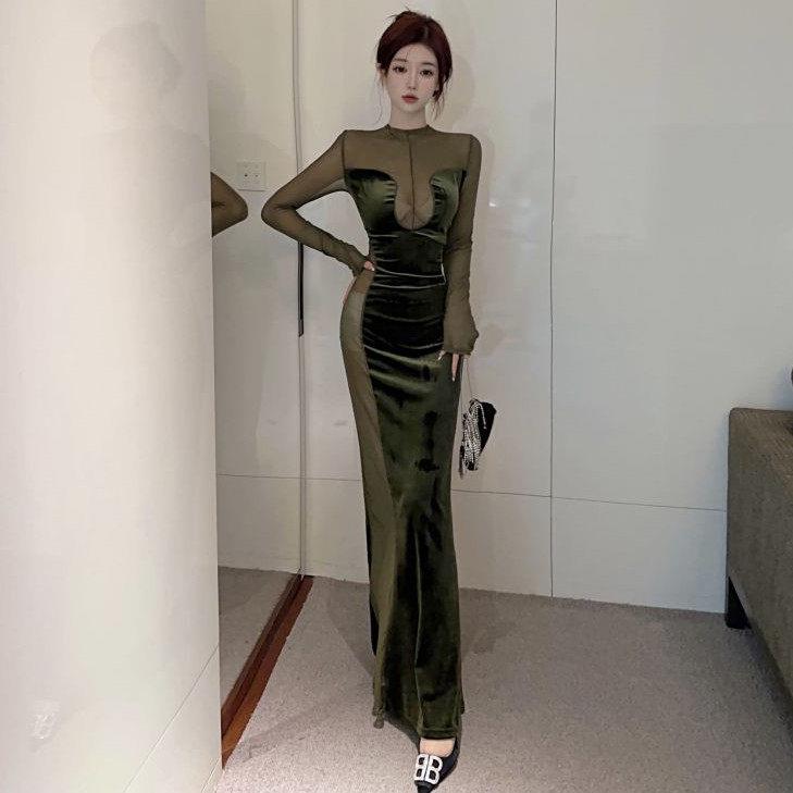 欧美时尚经典女装气质圆领网纱拼接长袖丝绒连衣裙鱼尾长裙绿色裙