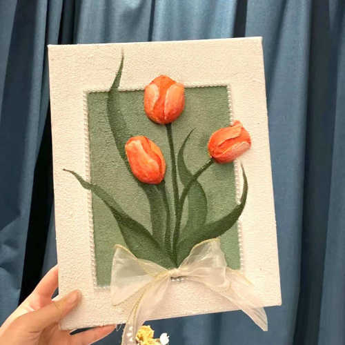 网红手工diy丙烯肌理画数字油画石英砂郁金香手绘装饰画