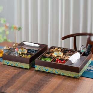 新中式干果实木分格盖水果盘家用抽纸C2025101多纳功能盒盒高颜带