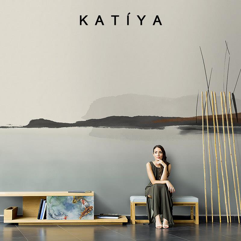 Katiya新中式手绘壁纸艺术墙布装饰电视背景墙定制水墨客厅画卧室