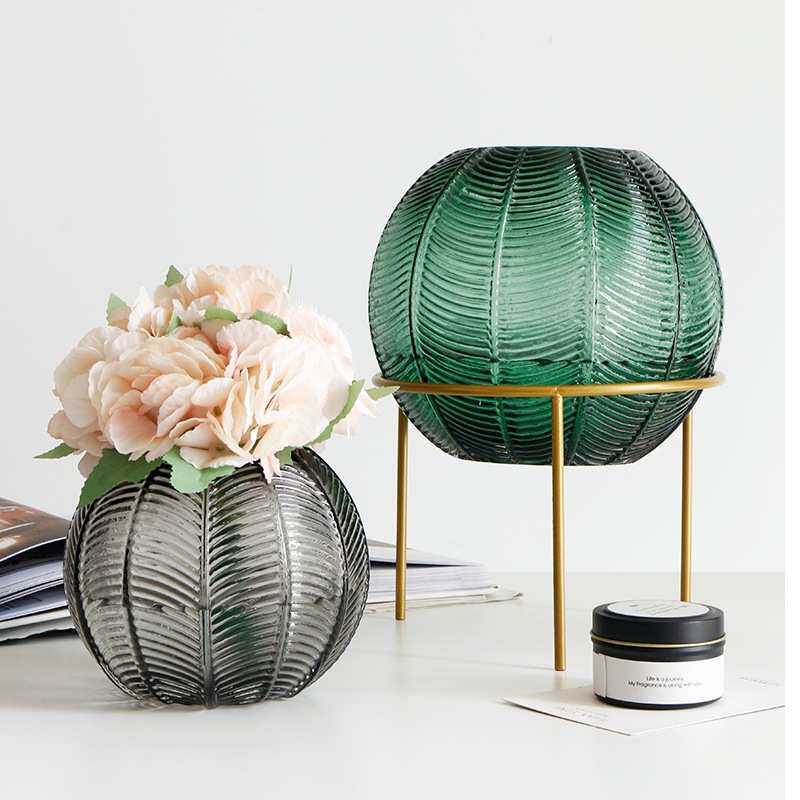 摆件北欧铜圈会展创意花瓶玻璃工艺品花瓶婚庆装饰圆球花瓶水培