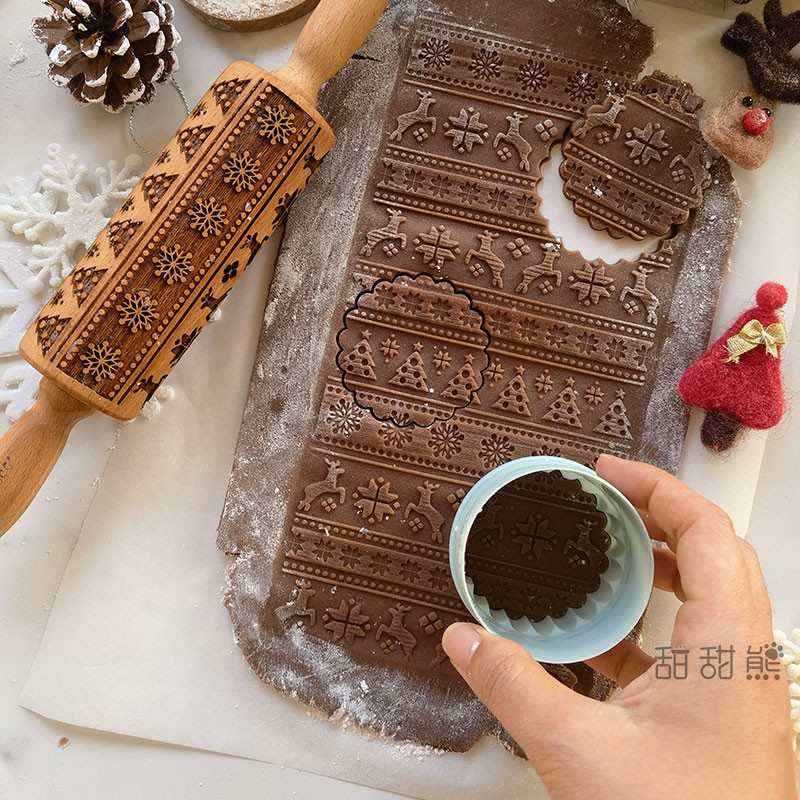 烘焙模具圣诞节印花擀面杖雪花圣诞树可爱小鹿曲奇烘焙饼干工具