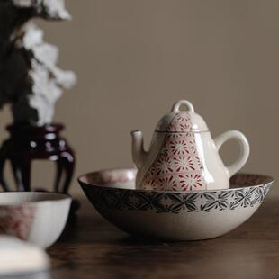 陶瓷茶点盘 梵汝景德镇青花纯手绘两端花纹清运壶承干泡盘茶承日式