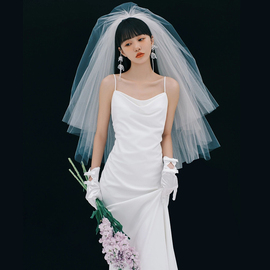 蓬蓬头纱新娘主婚纱，缎面轻短款头饰复古领证拍照道具结婚白色多层