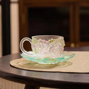东魅十二花神十月芙蓉咖啡杯古法琉璃渐变咖啡杯杯垫组合装主人杯