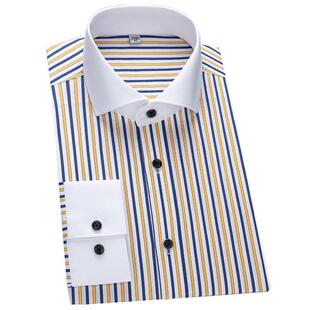 2025春季男士长袖竖条纹衬衫一字温莎领拼色白领商务休闲上班衬衣