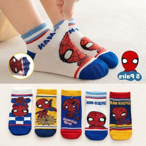 5 Pairs Children Socks Spiderman Anime Kids Boys Short Sock