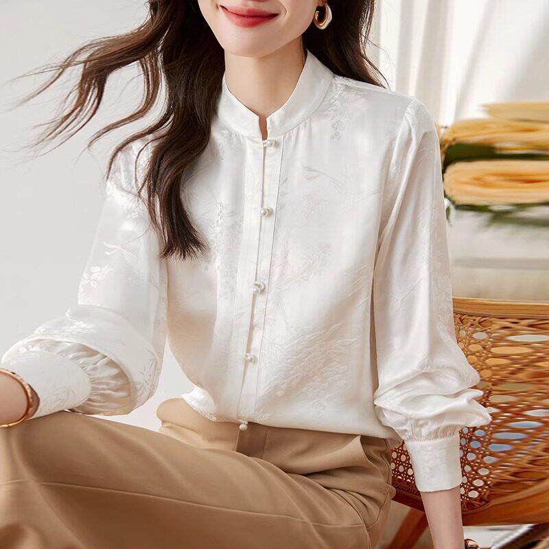 新中式真丝缎面提花衬衫女2025年春秋新款桑蚕丝小立领珍珠扣上衣
