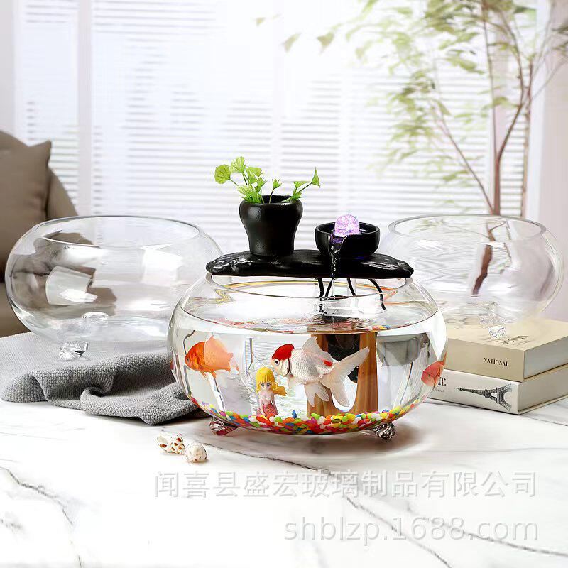 创意透明玻璃带爪圆形鱼缸大号加厚金鱼缸小型桌面客厅乌龟缸水培