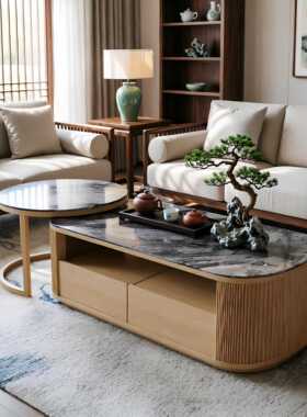 岩板小型茶桌客厅简约实木桌北欧边几小户型宋氏美学圆形茶几组合