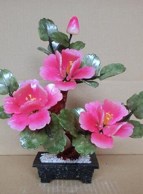 高档天然玉粉色石礼牡丹花盆客厅家居饰品摆件创意客厅酒柜工景艺