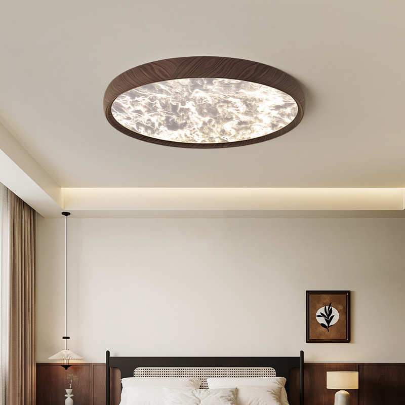 卧室吸顶灯中古风胡桃色美式复古简约圆形云雾护眼书房间中山灯具