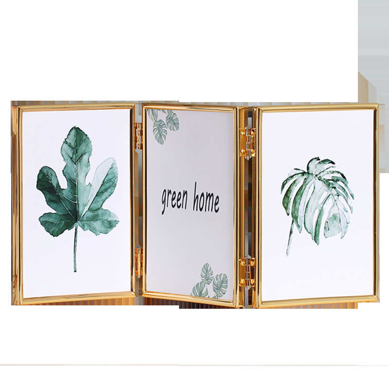 热卖北欧简约现代三连折叠金属相框摆台5寸6寸7寸8寸竖款