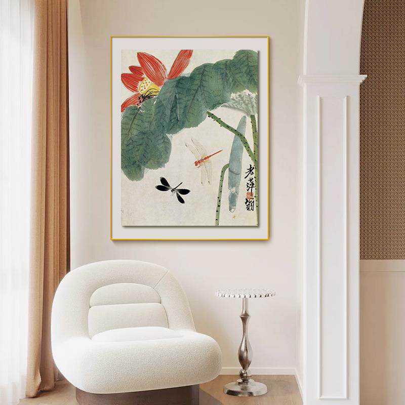双双层立体式层立体壁齐白石画作荷花新中装饰画中式挂画玄关书茶