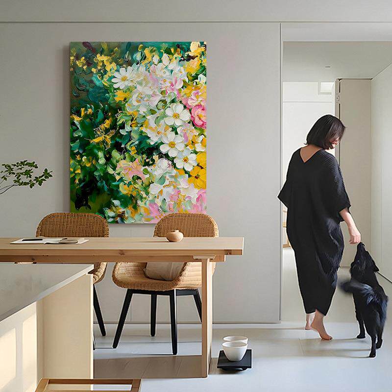 纯手绘油画《翠影繁花》现代卧室背景装饰画客厅沙发艺术画