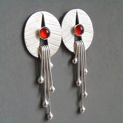 Silver Plated Separated Lotus Leaf Inlaid Red Stone Earrings