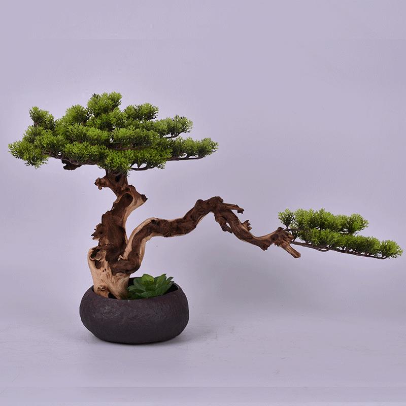 新中式仿真迎客松树绿植盆栽摆件样板房售楼处玄关罗汉松柏树盆景