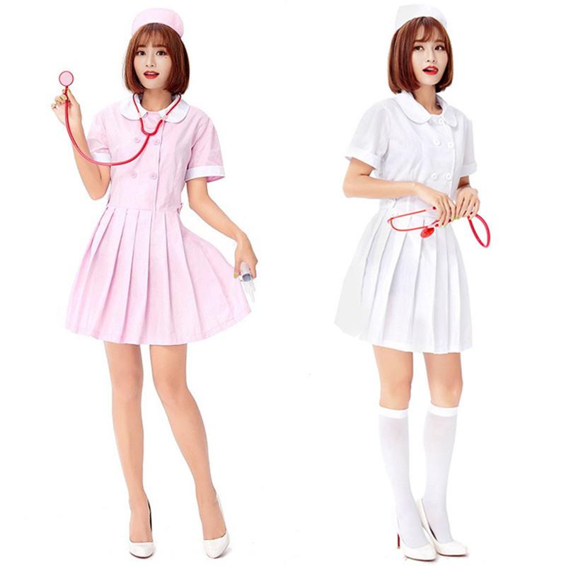 万圣节甜美可爱白粉色护士服装角色扮演演出白衣天使娃娃领连衣裙