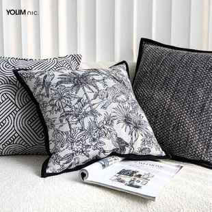 黑白灰法式中古风动物花纹雪尼尔提花客厅沙发抱枕床头靠枕靠垫套