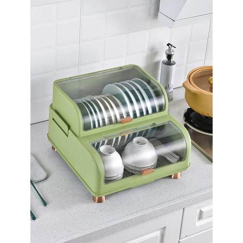 厨房双层碗架碗筷收纳盒塑料带盖装碟盘沥水碗架家用