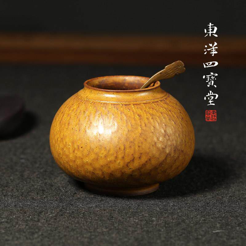 柴烧螺纹水盂 日式水盂水丞文房书画用品彷古小灯笼摆件笔洗瓷器