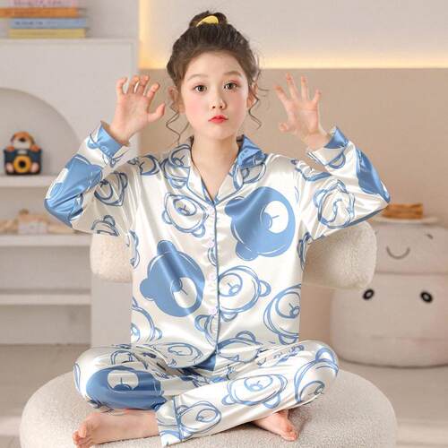 儿童睡衣女童春秋季冰丝薄款大童女孩亲子洋气家居服长袖丝绸套装