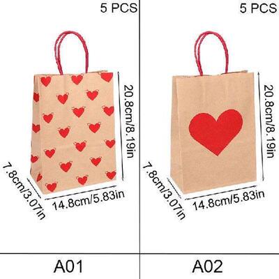 5Pcs Red Love Heart Gift Bag With Handle Candy Cookie Kraft