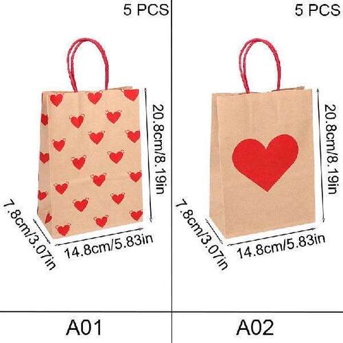 5Pcs Red Love Heart Gift Bag With Handle Candy Cookie Kraft