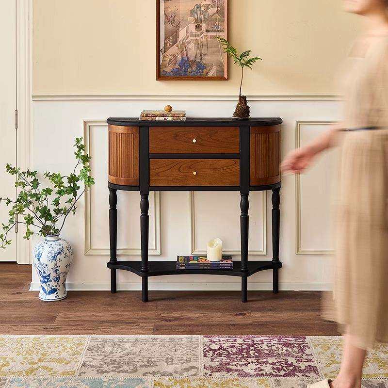 法式复古实木玄关柜中古风客厅走廊过道半圆装饰柜展示柜玄关台