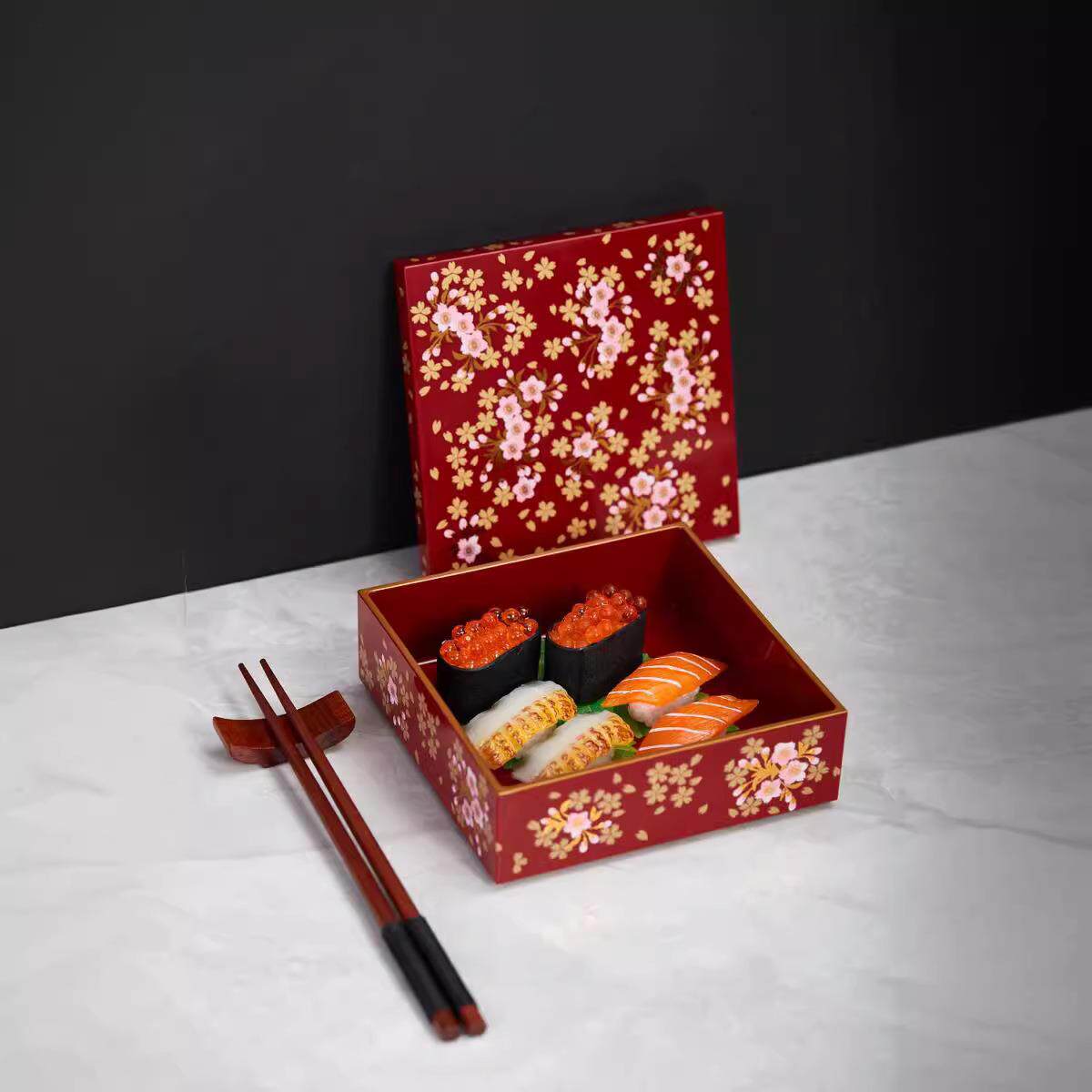 单层新款漆盒中号日式烫金逼真樱花寿司盒便当盒年饭盒点心盒礼盒