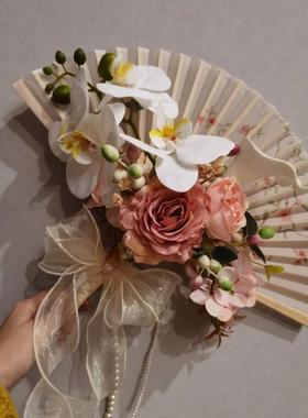 手厂直销新娘折扇捧花领证订婚晨袍秀YVL禾搭配新中式手捧花家成