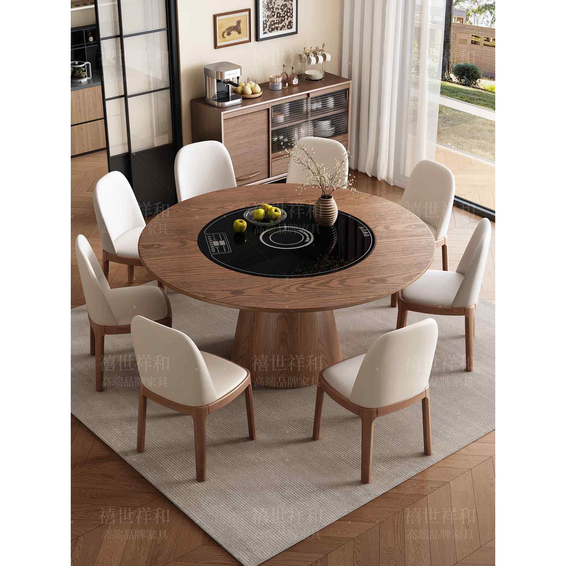 实木圆形餐桌和椅子组合内置转盘电磁炉加热砧板彷古风格家庭小公,住宅家具,实木餐桌,淘宝优惠券,粉丝福利购,淘宝优惠卷
