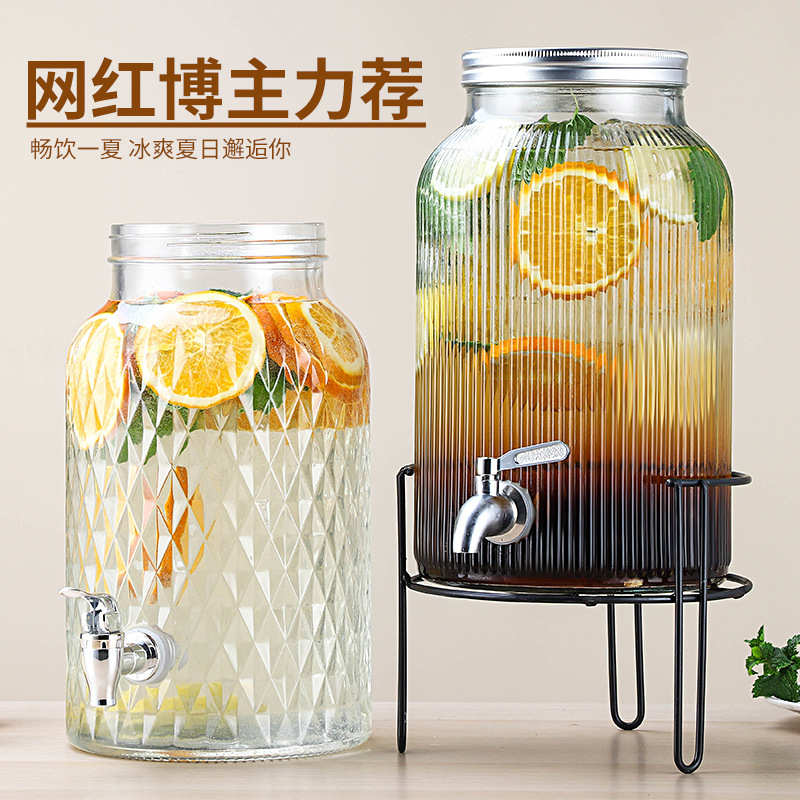 大容量冷水壶带龙头自助饮料桶网红可乐桶玻璃泡酒桶餐厅啤酒桶