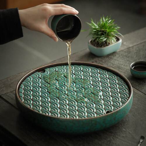 陶瓷圆形茶盘小型家用储水式干泡盘功夫茶具托盘简约覆古沥水茶台