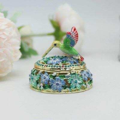 求婚戒指盒珐琅彩圆形蜂鸟盒戒指项链小饰品收纳盒创意家居摆件