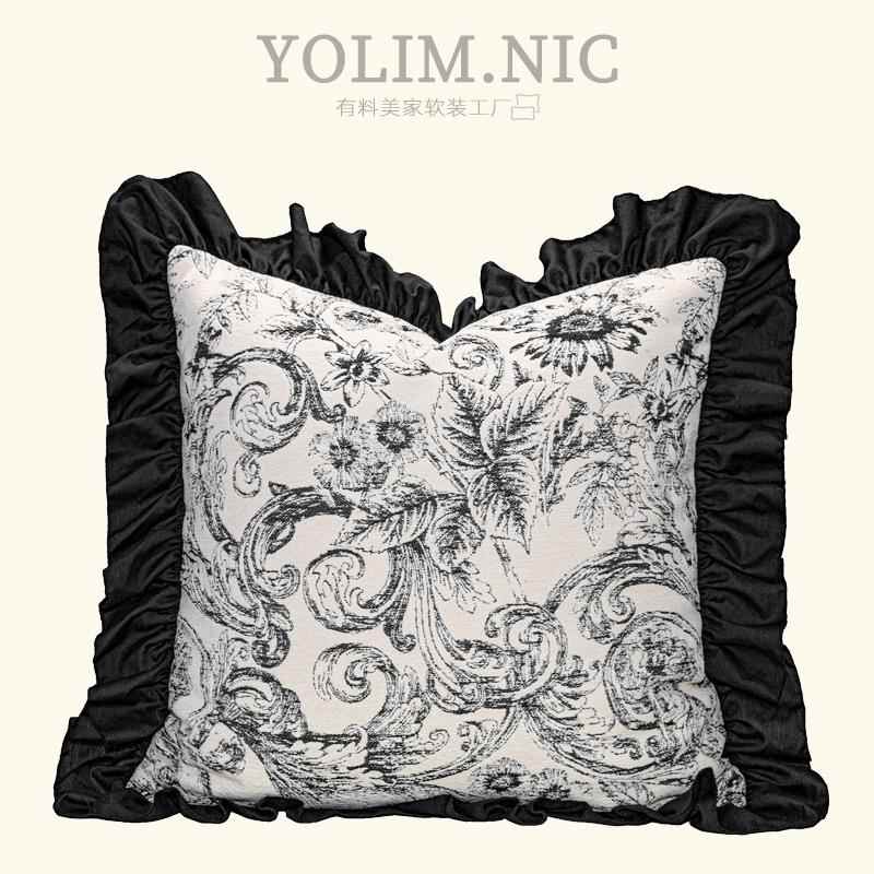 莫里斯法式黑白提花抱枕沙发客厅复古雪尼尔靠枕木耳花边靠垫美式
