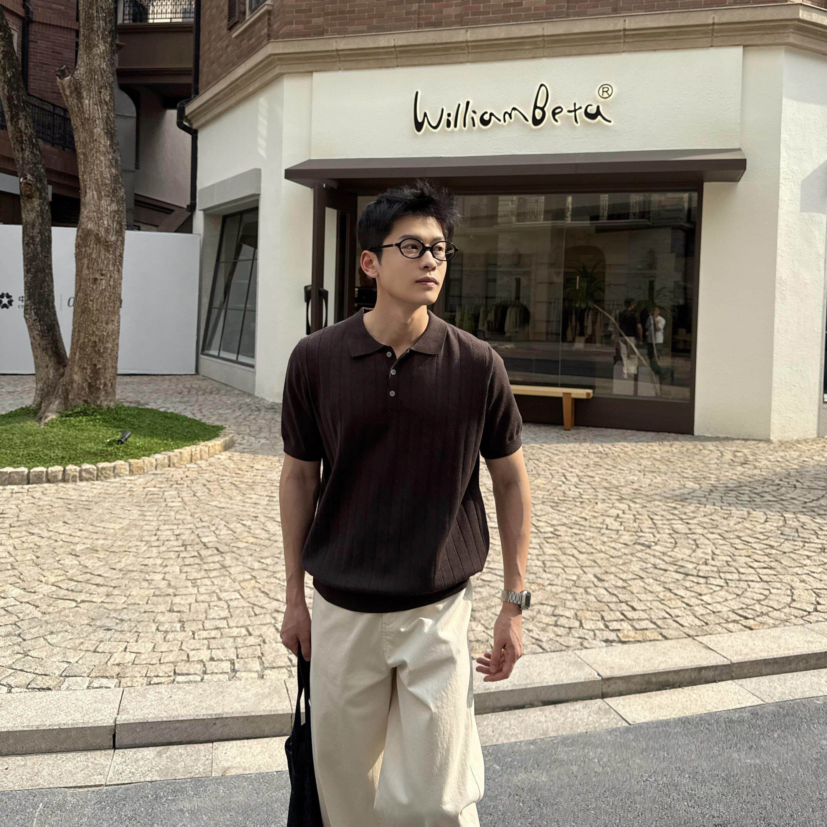 马克斯星球 韩系亨利领咖色针织冰丝短袖T恤男款简约休闲 百搭上图片