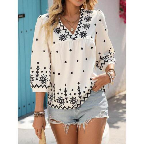 Y 85535 V-neck Ruffle Print Dress V领荷叶袖印花连衣裙