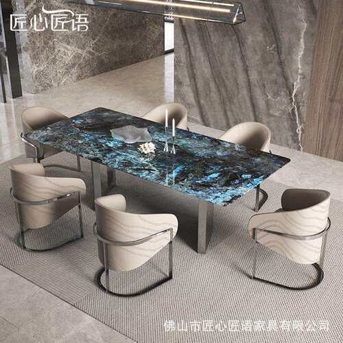 意式轻奢不锈钢微晶石餐桌简约长方形大理石家用高端轻奢别墅饭桌
