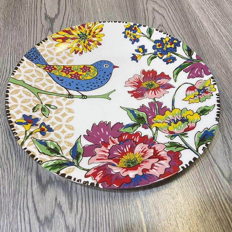 北欧乡村花鸟风格陶瓷餐具釉下彩西餐盘牛排盘子样板间装饰盘