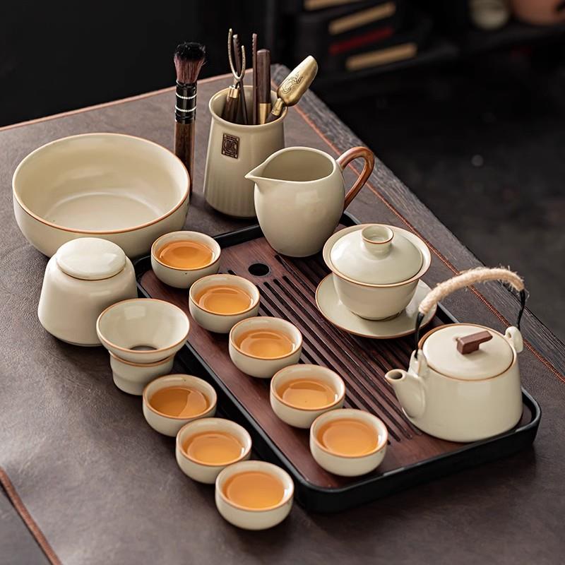 汝窑功夫茶具套装陶瓷泡茶壶茶杯家用整套茶盘轻奢高档办公室会客