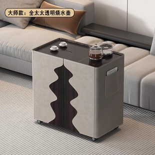 现货意式 新款 简约马鞍皮实木小茶几可移动台茶水柜小推车家用客厅