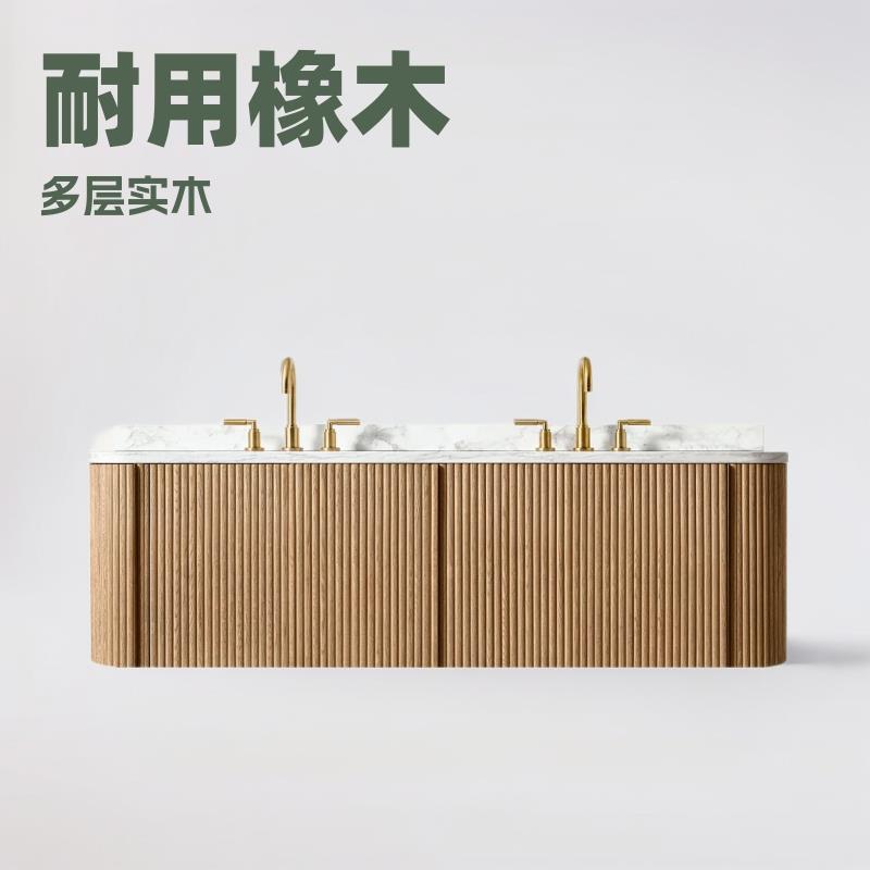 轻奢橡木浴室柜可丽耐台面设计师款卫生间洗手单柜原木色