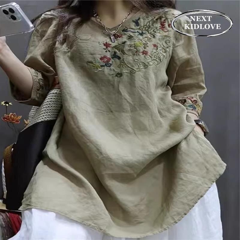 香港国风潮新中式开叉刺绣苎麻衬衫女中长款遮肉宽松中袖上衣夏款
