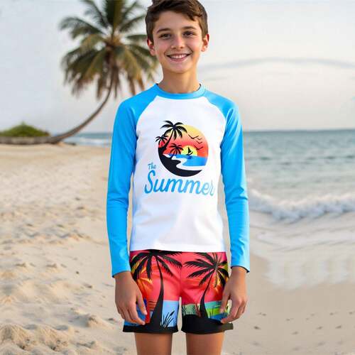 Boys' Fashion Tropical Palm Tree Print Two-Piece Swimsuit