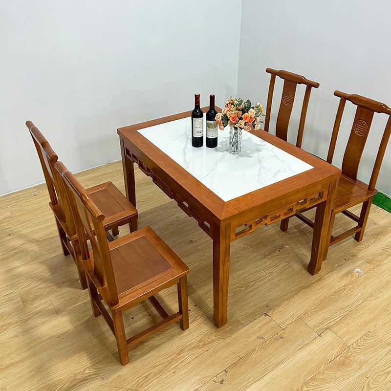 热卖实木岩板餐桌椅面馆小吃早餐店 商用仿古大理石桌凳 长条桌