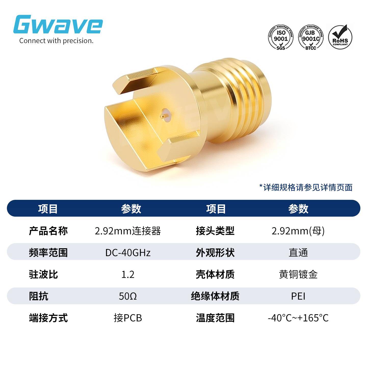 谷波互连2.92mm母偏脚夹板连接器板厚0.61-2.1mm 2.92-KHD10X 40G