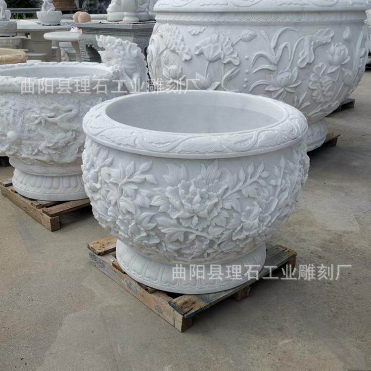 石雕鱼缸花盆汉白玉圆形石头水缸养鱼种花中式庭院造景大石缸门海