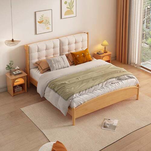 北欧实木床双人床主卧室家用小户型复古侘寂风1.8m1米5软包云朵床