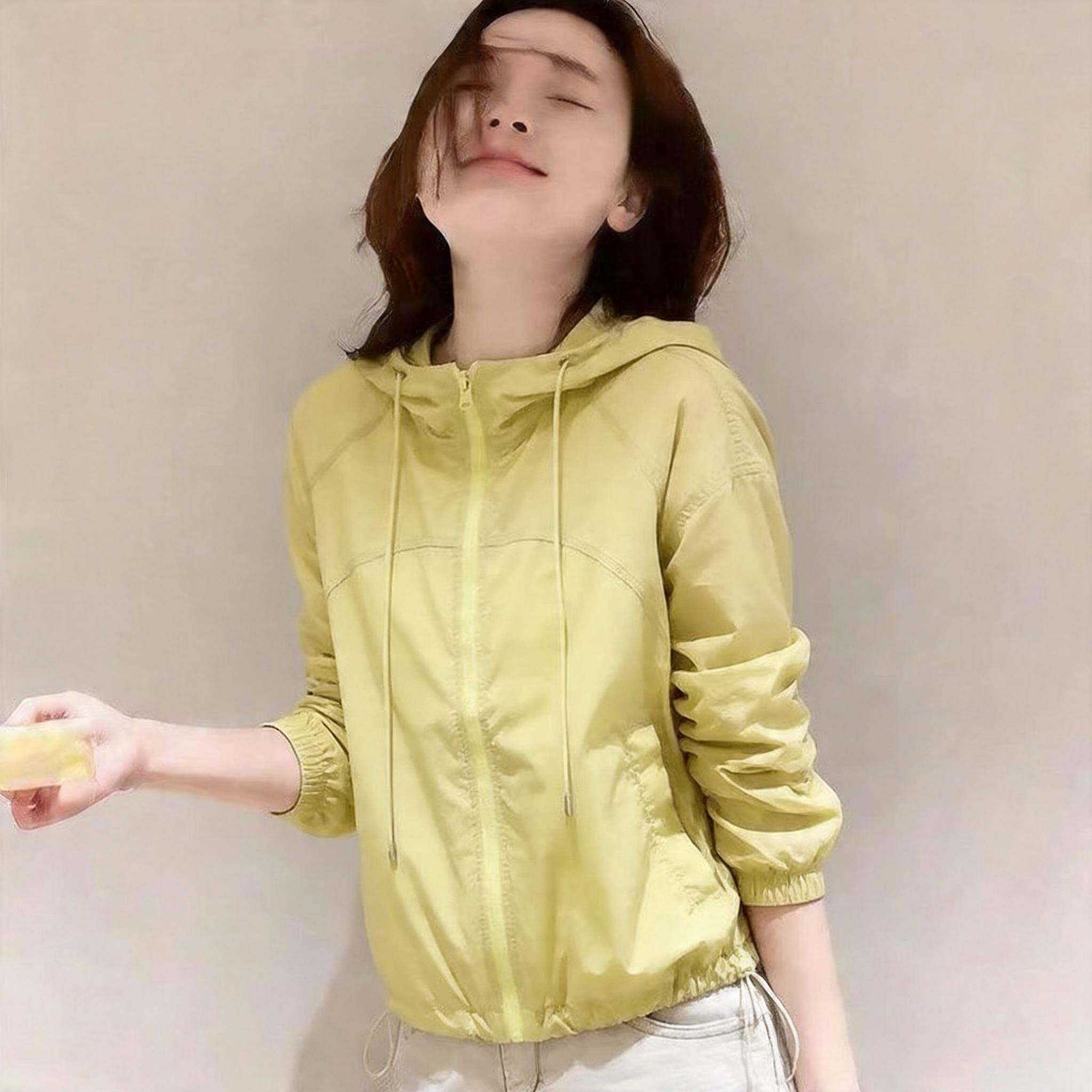 韩版黄色轻薄防晒衣女连帽拉炼外套宽松显瘦透气休闲上衣春夏新款